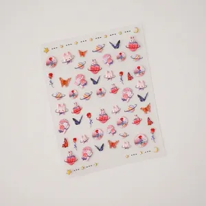 Autocollants ongles 3D relief avec lapins mignons, roses roses et planètes design TS-2106