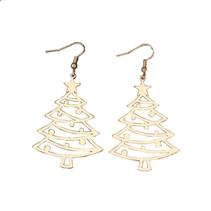 Fashionable gold hollow Christmas tree drop earrings for women with elegant metal hooks