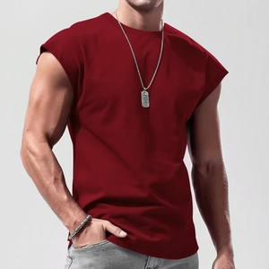 Front view of burgundy sleeveless t-shirt for men made of high-quality knitted cotton