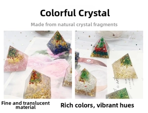Detail showing natural crystal gravel and gold foil flakes inside a resin pyramid