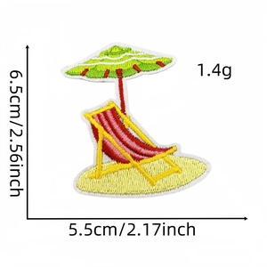 Detail view of beach chair embroidery patch with dimensions 5.5cm x 6.5cm on white background
