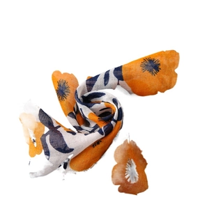 Lightweight cotton linen scarf with bohemian orange floral print and frayed edges