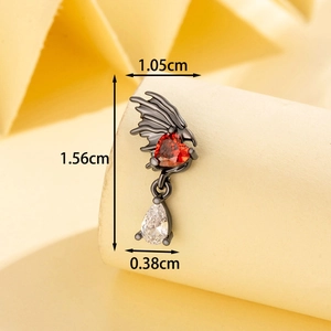 Vintage angel wing heart earring with red gemstone and size dimensions in cm