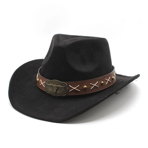 Close-up of a black faux suede cowboy hat featuring a vintage bull skull buckle and studs