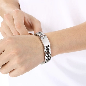 Polished silver cuban link bracelet for men in minimalist stainless steel chain style