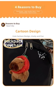 Plush Capybara keychain wearing a strawberry hat hanging on a black backpack detail