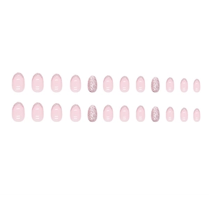 24pcs short oval press-on nails with light pink base and silver glitter french tips