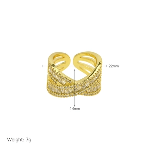 Detail showing 22mm width cross ring with zircon pavé and 18k gold plating