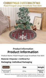 Detail view of 120cm plaid Christmas tree skirt with snowflake embroidery and faux fur trim