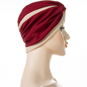 Red and beige two-tone twisted turban hat for women with front cross pleats