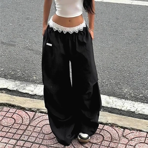 Pantalon Cargo Large Pour Femmes Taille En Dentelle Blanche Contrastee Streetwear Fluide Polyester Spandex