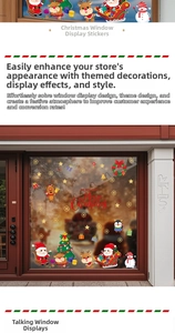 Detailed Christmas window decals showing Santa, reindeer, and snowflakes on glass display