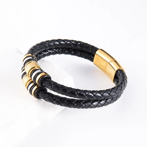 Men's double-layered woven black leather bracelet with gold and silver magnetic clasp