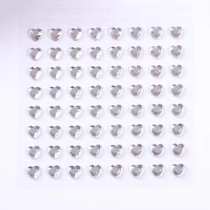 Self-adhesive heart-shaped silver acrylic rhinestone stickers on a plain white background