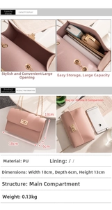 Pink PU leather crossbody bag size comparison with phone showing interior main compartment