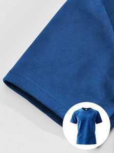 Detail of royal blue men's sport t-shirt showing soft knit fabric and sleeve stitching