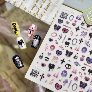 Y2K style nail stickers with purple leopard and heart patterns for professional nail art