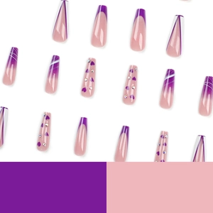 Purple French press-on nails with white lines, heart patterns, and rhinestones in coffin shape