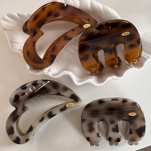 French style M-shaped heart hair claws in leopard and tortoise shell resin with Love plate