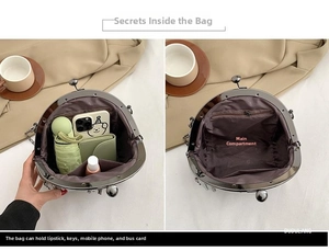 Internal structure of vintage shell bag showing main pocket and zipper compartment