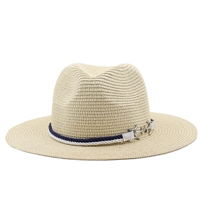 Panama fedora straw hat with nautical anchor pendant and blue white twisted rope band