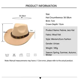 Beige wool felt western cowboy hat with brown band and 56-58cm size specifications
