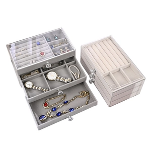 Three-layer clear acrylic jewelry storage box with velvet interior drawers for rings and watches