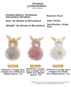 Detailed size and weight view of three plush Christmas angel dolls with gold antlers