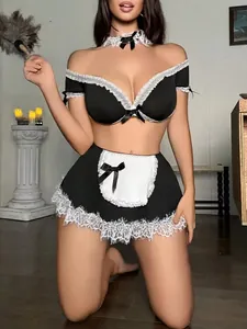 Detailed view of sexy maid lingerie set featuring black lace off-shoulder top and mini skirt