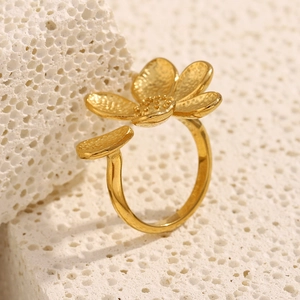 French vintage style 18K gold plated stainless steel flower open ring on coral stone