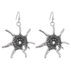 Retro silver starfish earrings with textured radial star design on white background