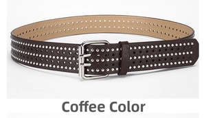Detail view of coffee leather punk belt with silver star studs and double prong buckle