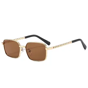 Square vintage metal sunglasses with gold frame and brown lenses in a frontal view