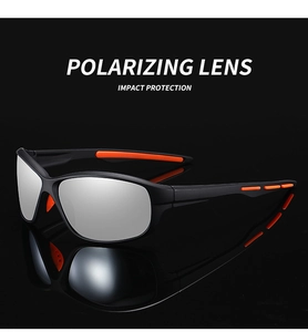 Detail of polarized sports sunglasses with matte black frames and orange non-slip grip