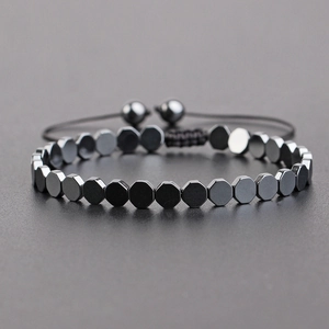 Handmade Hematite Beaded Bracelet With Adjustable Woven Rope Heart Hexagon Arrow Geometric Jewelry For Men Women
