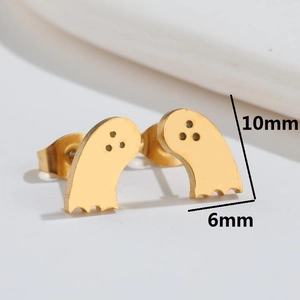Ghost shaped stainless steel gold stud earrings for Halloween, size 10mm by 6mm