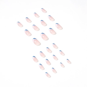 Minimalist long almond false nails with French blue and white striped pattern