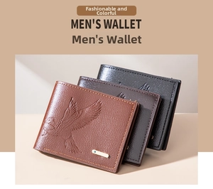 Short men's wallets with eagle embossing in brown, coffee and black leather