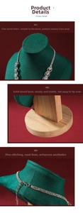 Detail of dark green velvet necklace bust with premium solid wood base and fine stitching