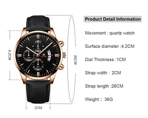 Detailed size chart for men's quartz watch with black dial and rose gold case