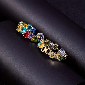 Colorful gemstone hoop earrings with multi-color oval crystals in gold finish