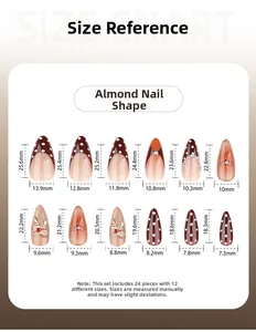 Tableau des tailles détaillé pour faux ongles amande avec mesures de longueur et largeur