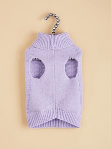 Detailed close-up of light purple knitted pet sweater on a pearl hanger with a soft background