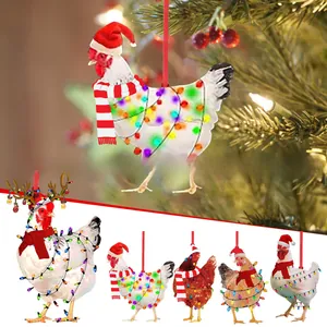 Close-up of rooster Christmas ornaments with Santa hats and scarves on festive background