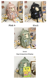 Dettaglio dello zaino Harajuku con design a più tasche e simpatico ciondolo a orsetto