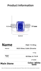 Detail view of S925 silver ring with 8x10mm blue carbon diamond and size specifications