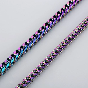 Close-up of rainbow-colored stainless steel Cuban link chains in different thicknesses