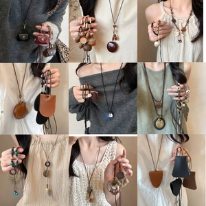 Bohemian Long Pendant Necklace Vintage Ethnic Leather Wood Alloy Beads Heart Butterfly Acorn Women Adjustable Sweater Chain