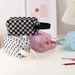 Transparent large capacity pencil cases with heart and checkered patterns and handles