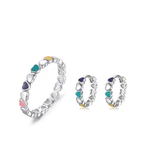 S925 sterling silver jewelry set featuring colorful enamel heart rings and earrings
